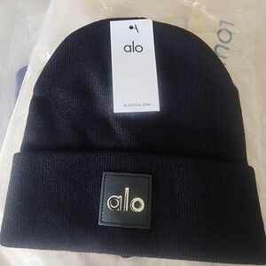 ALO Yoga Black Knit Beanie with Logo Patch